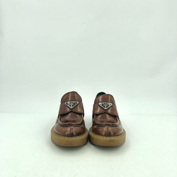 Prada Womens Brown Leather Logo Loafers Size 35 Thick Sole Made In Italy - Picture 8 of 9